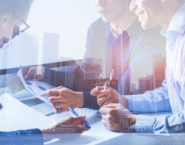 business meeting with office overlay